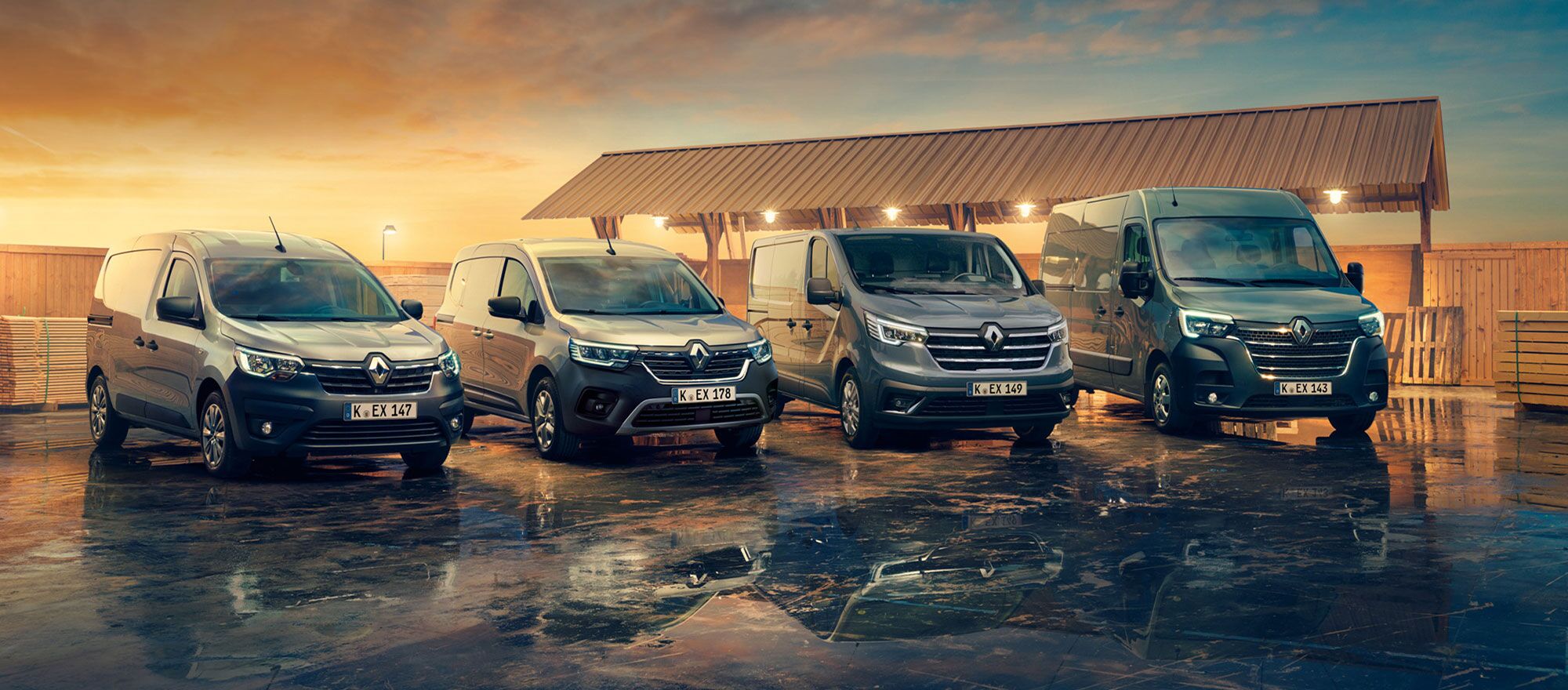 Ein Bild aller Gewerbefahrzeuge von Renault, der Renault Kangoo, der Renault Trafic und Renault Master