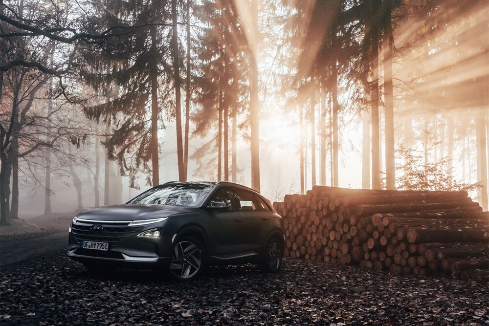 Ein parkender Hyundai NEXO vor einem Holzstapel im Wald