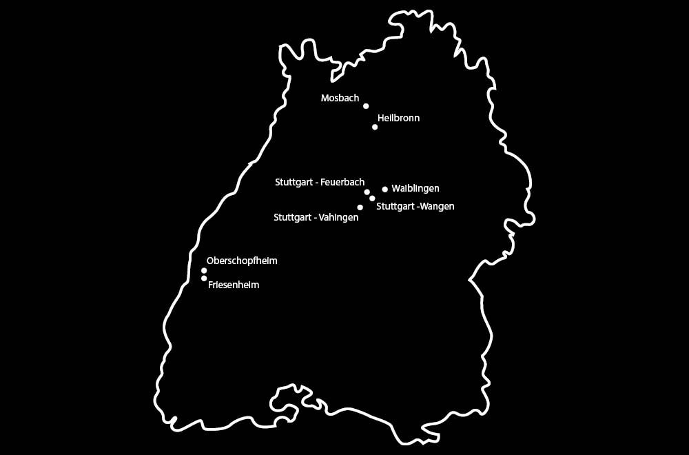 Eine Karte von Baden Württemberg auf der alle 8 Standorte vom Autohaus von der Weppen eingezeichnet sind