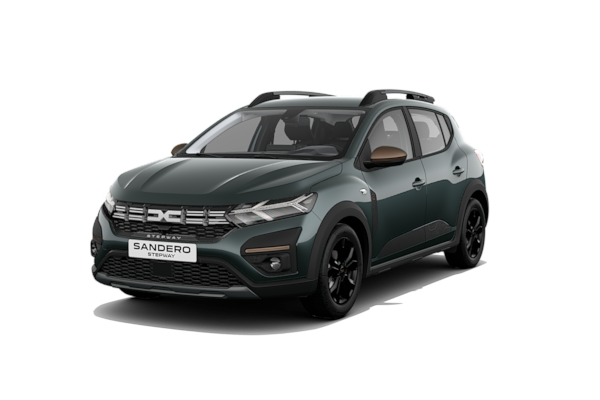 Zu sehen ist ein Dacia Sandero Stepway Extreme in Zeder-Grün mit 16-Zoll Leichtmetallrädern "Mahalia".