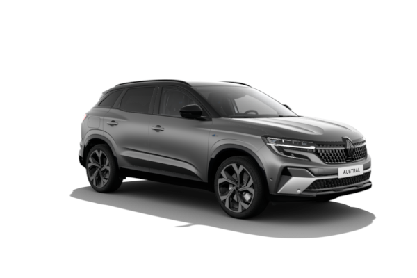 Zu sehen ist ein Renault Austral Full Hybrid Alpine Edition in Dolomit-Grau, Dach in Black Pearl-Schwarz mit 20-Zoll-Leichtmetallfelgen Daytona.