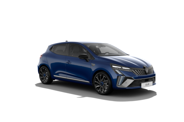 Zu sehen ist ein Renault Clio E-Tech Full Hybrid Alpine Edition in Iron-Blau mit 17-Zoll-Leichtmetallräder Alpine La Flèche mit Nabenkappe blau.