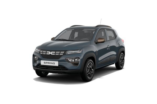 Zu sehen ist ein Dacia Spring Extreme in Schiefer-Blau mit 17-Zoll Leichtmetallrädern.
