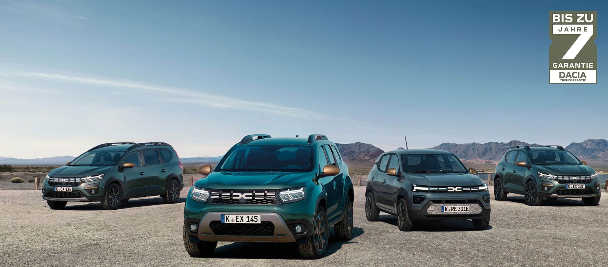 Ein Foto der Modelle von Dacia, darunter Dacia Jogger, Dacia Duster, Dacia Spring und Dacia Sandero