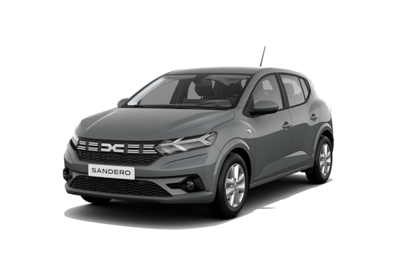 Zu sehen ist ein Dacia Sandero Eessential in Schiefer-Grau mit Designradblende Sorane.
