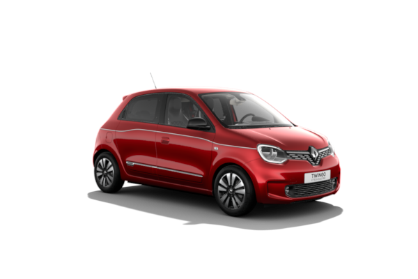 Zu sehen ist ein Renault Twingo E-Tech in Dezir-Rot mit 15-Zoll-Leichtmetallrädnern Altana.
