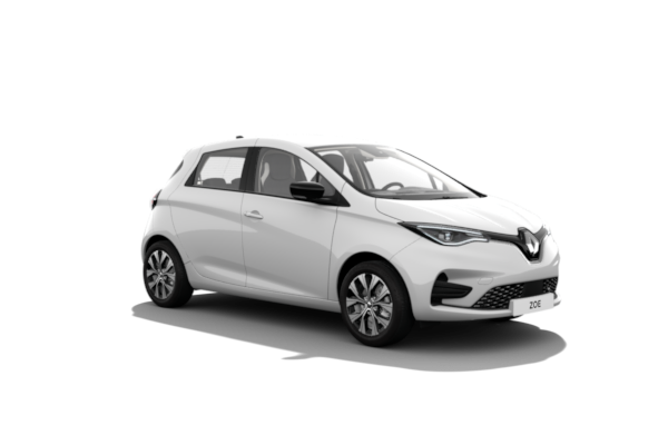 Zu sehen ist ein Renault Zoe E-Tech in Arktis-Weiß mit 16-Zoll-Leichtmetallrädern Ediris.