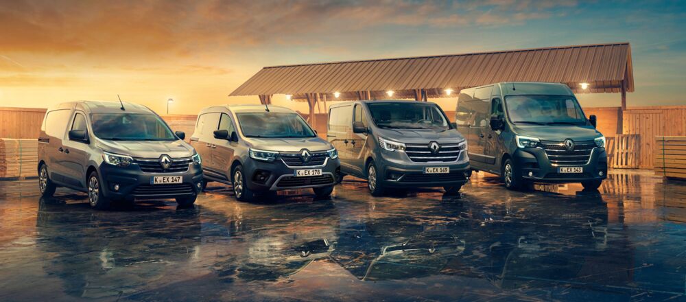 Ein Bild aller Gewerbefahrzeuge von Renault, der Renault Kangoo, der Renault Trafic und Renault Master