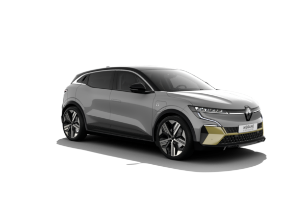 Zu sehen ist ein Renault Megane E-Tech in Dolomit-Grau mit 20-Zoll Leichtmetallrädern "Enos".