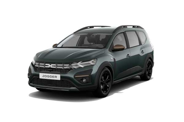Zu sehen ist ein Dacia Jogger Extreme in Zeder-Grün mit 16-Zoll Leichtmetallrädern.